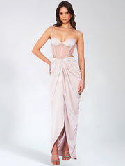 Cadence Champagne Satin Crystal Embellished Corset Dress