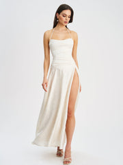 Raegan Pearl White Jacquard Ruched Maxi Dress