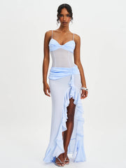 Lacy Blue Ruched Breast High Slit Chiffon Dress