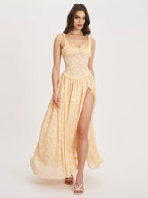 Ulissa Orange Square Neck Jacquard Textured High Slit Maxi Dress
