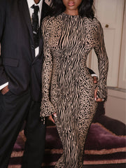 Waylynn Nude Black Animal Print Burnout Velvet Detail Mesh Backless Maxi Dress