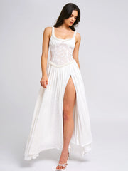 Ulissa White Square Neck Jacquard Textured High Slit Maxi Dress