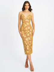 Edie Gold Beaded Sequin Midi Pencil Dress
