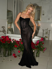 Ulani Black Burnout Velvet Detail Mesh Maxi Dress
