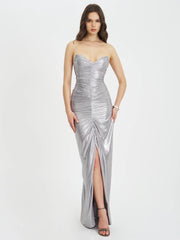 Sable Ruched Silver Glitter Mermaid Gown