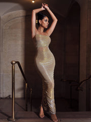 The Glint Gold Ruched Chiffon Long Maxi Dress