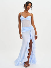 Lacy Blue Ruched Breast High Slit Chiffon Dress