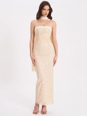 Raizel Gold Beaded Sequin Bodycon Gown with Scarf
