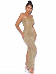 The Glint Gold Ruched Chiffon Long Maxi Dress