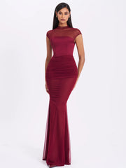 Fabienne Burgundy Mesh Cap Sleeve Mermaid Gown