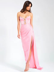 Marilyn Pink Satin Crystal Embellished High Slit Gown