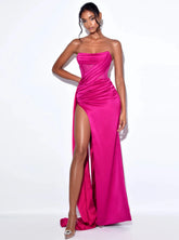 Holly Fuchsia Crystallized Corset High Slit Satin Gown
