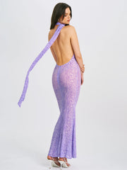 Olena Purple Burnout Velvet Animal Print Mesh Halter Neck Maxi Dress