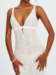 Adelaide White Beaded Sequin Net Bodycon Gown
