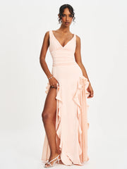 Talyssa Baby Pink Ruched Waist Double High Slit Maxi Gown