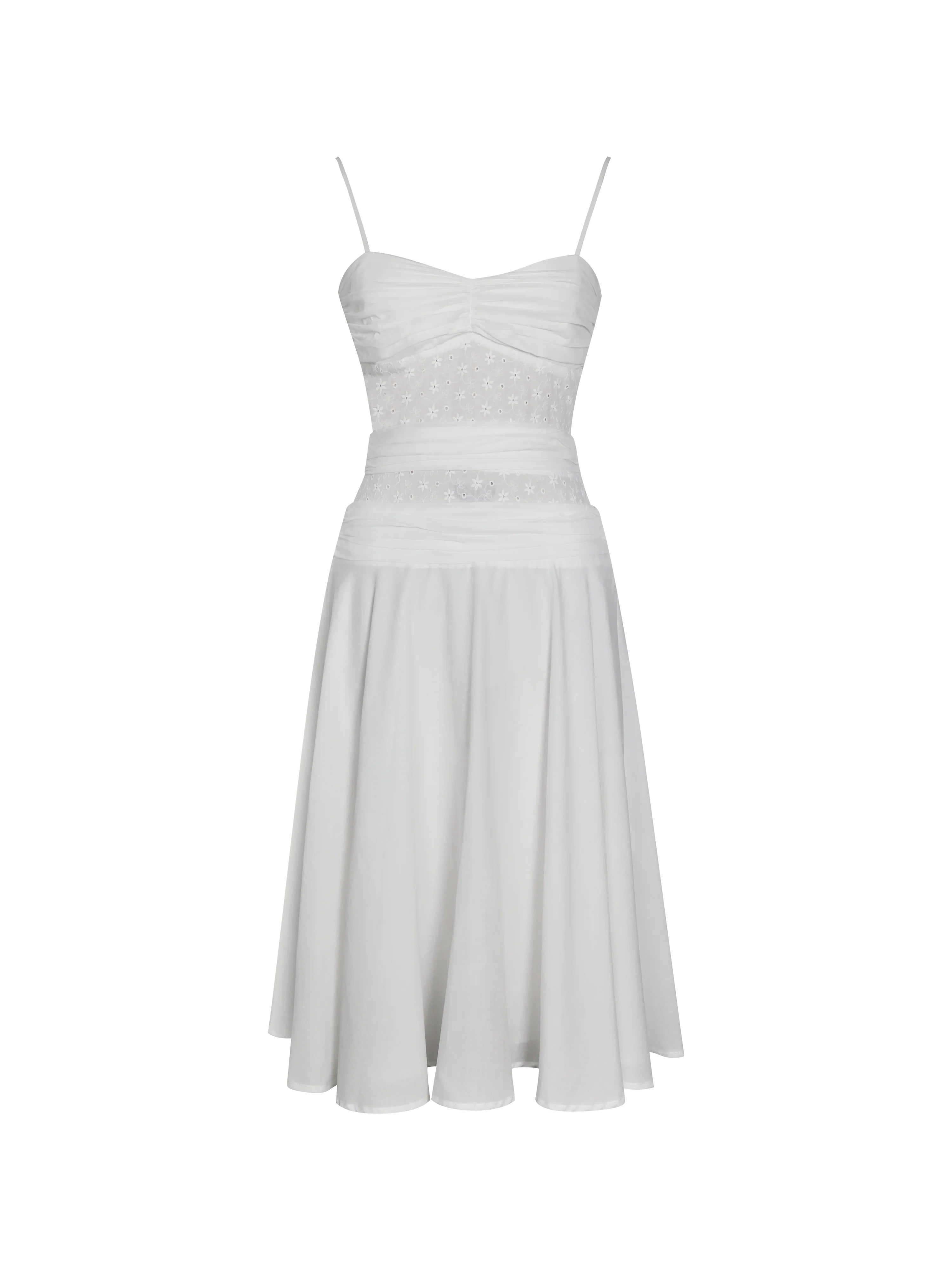 Maelis White Eyelet Drop Waist Cotton Midi Dress