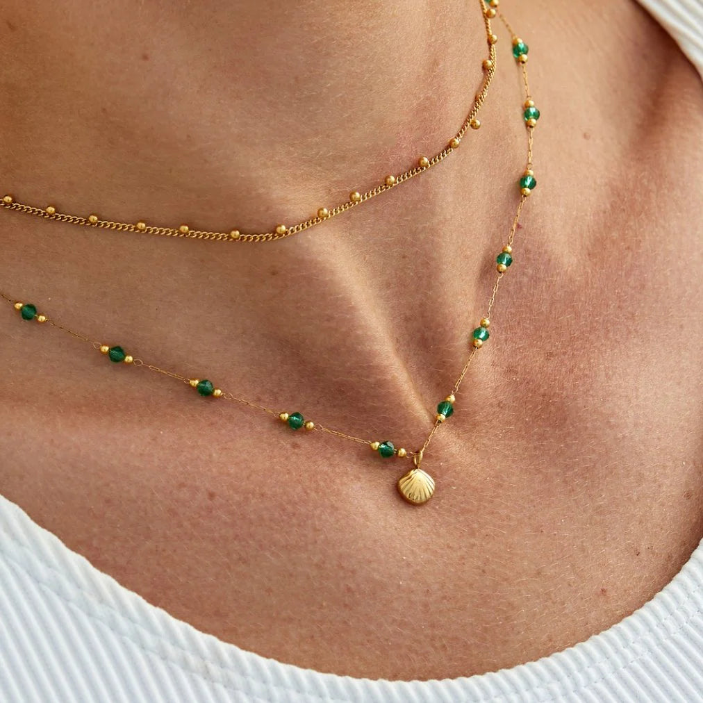 Vioraia Nerissa Gold Shell & Green Bead Necklace