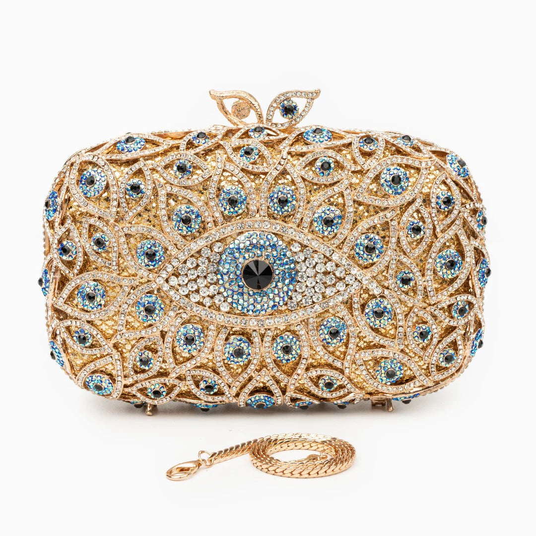 Vioraia Crystal Evil Eye Clutch Bag - Gold