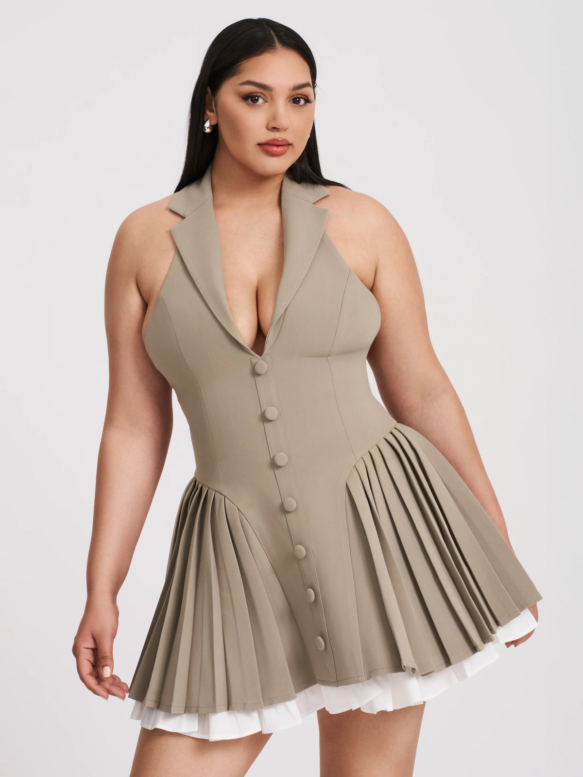 Hazel Brown Preppy Halter Neck Pleated Mini Dress