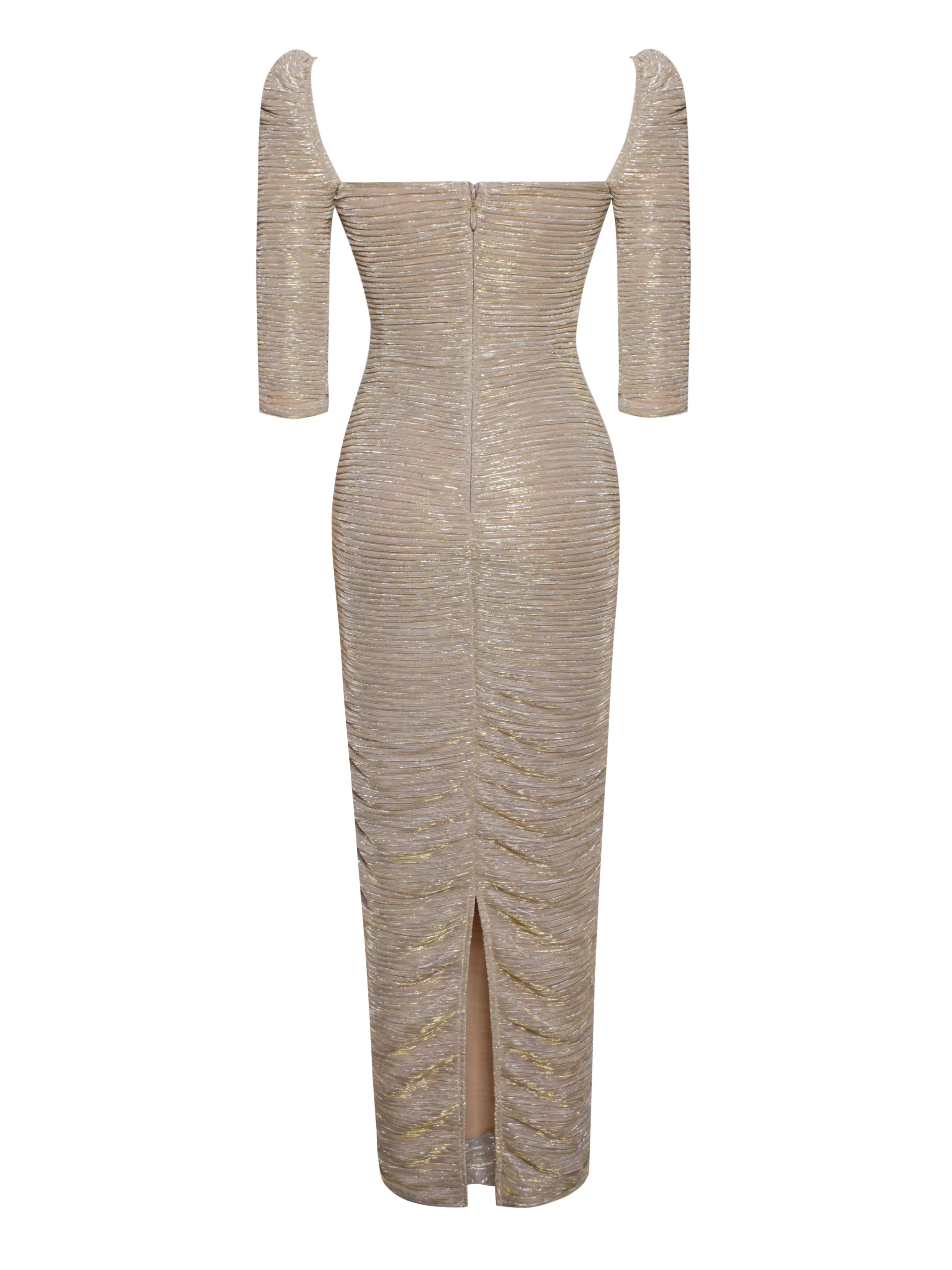 Sorrel Gold Ruched Chiffon Long Maxi Dress