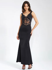 Camila Black Satin and Lace Maxi Dress