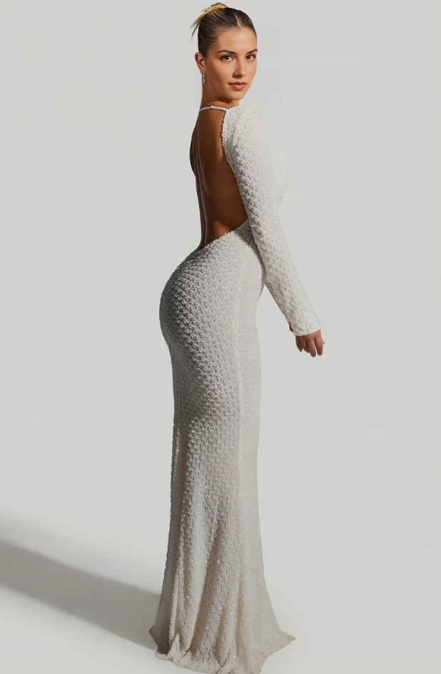 Embellished Open-Back Gown in White