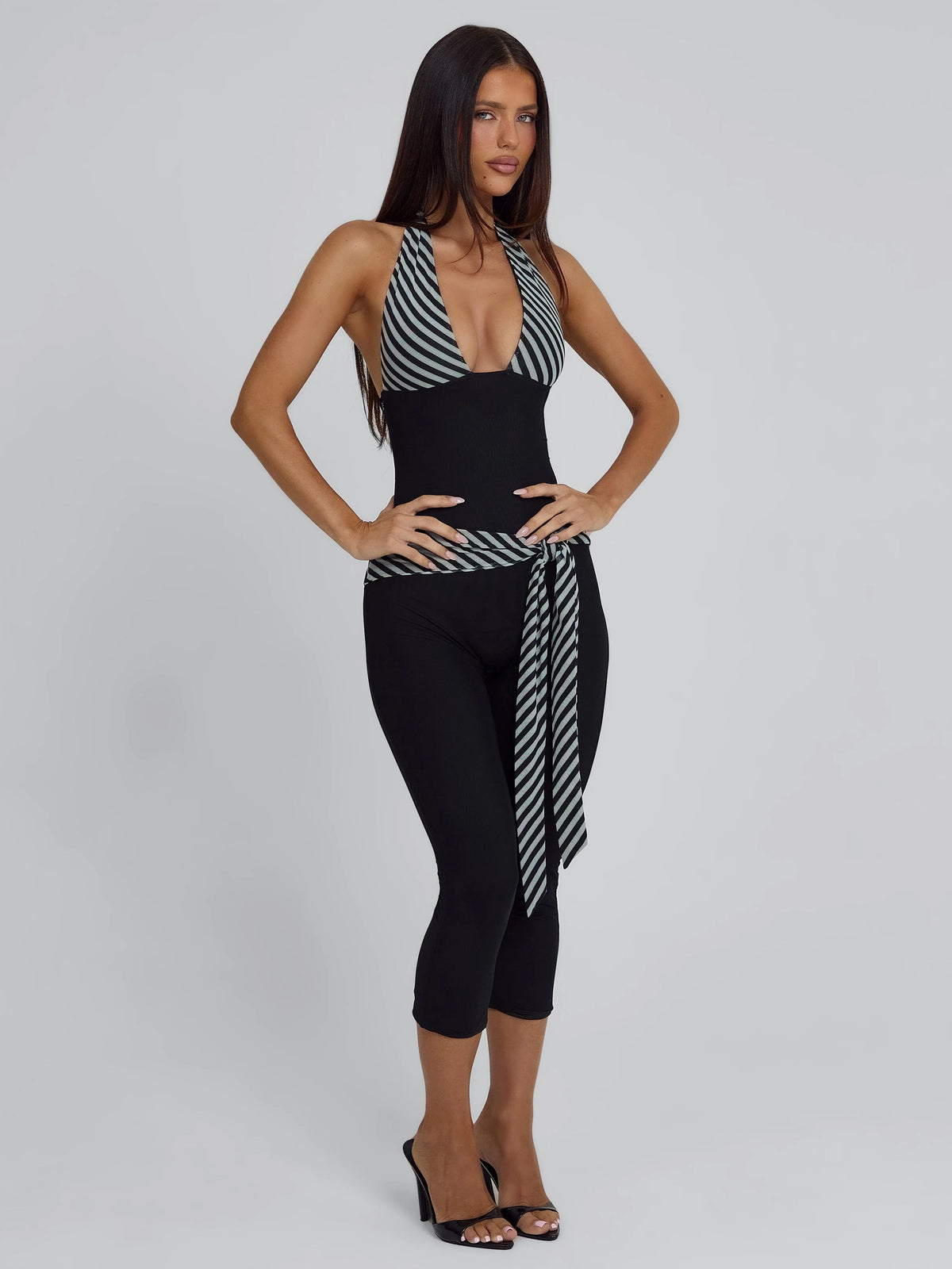 Lucy's MALANI CAPRI JUMPSUIT BLACK STRIPE