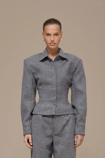 BLAIR BUTTON UP REMOVABLE SHOULDER PAD SHIRT | GREY