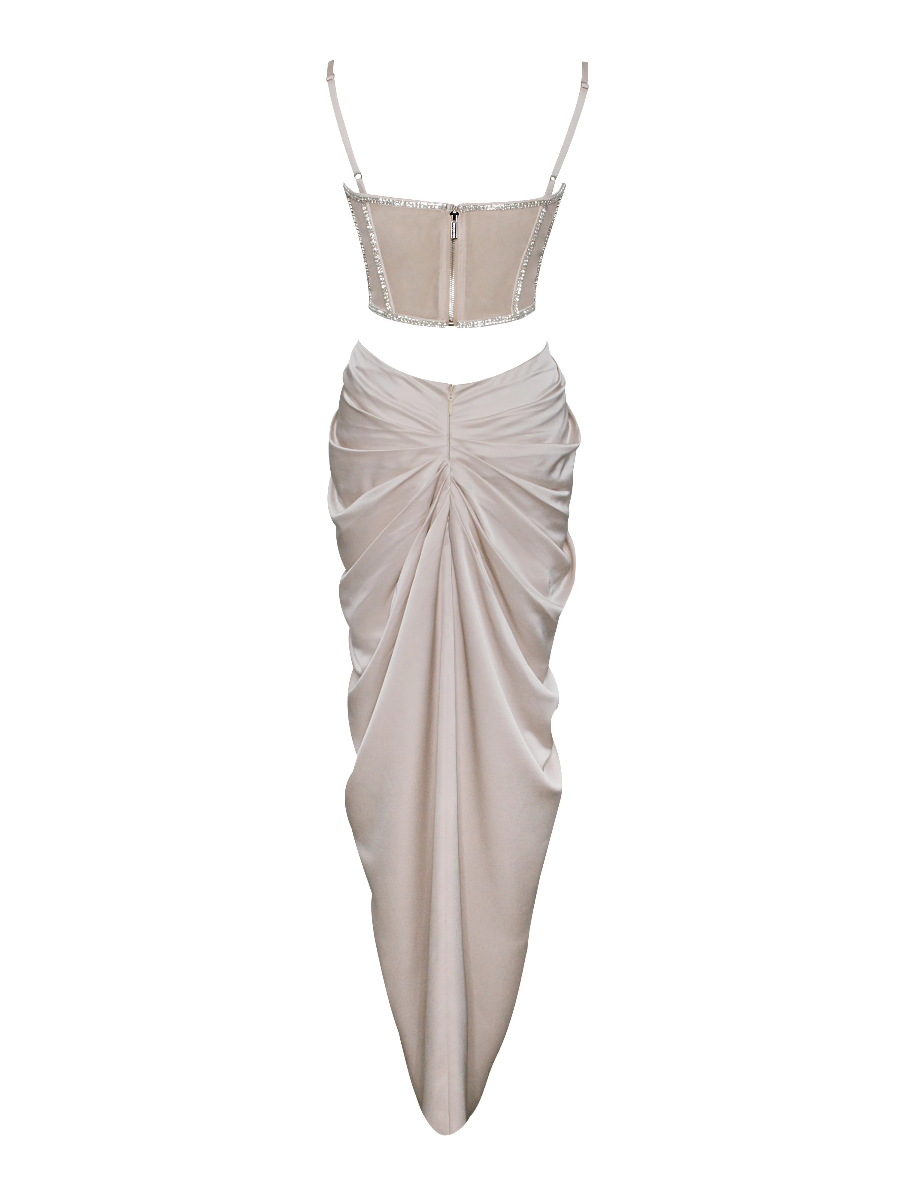 Cadence Champagne Satin Crystal Embellished Corset Dress