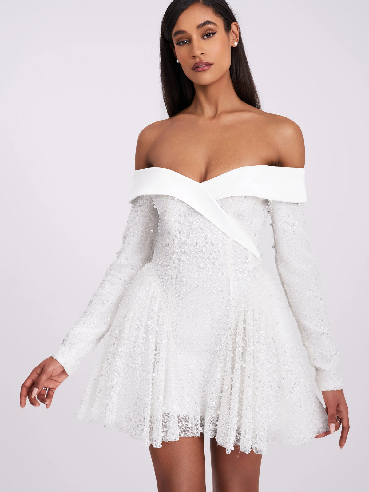 Kira Bead Embroidered Mesh Off Shoulder Long Sleeve Mini Dress