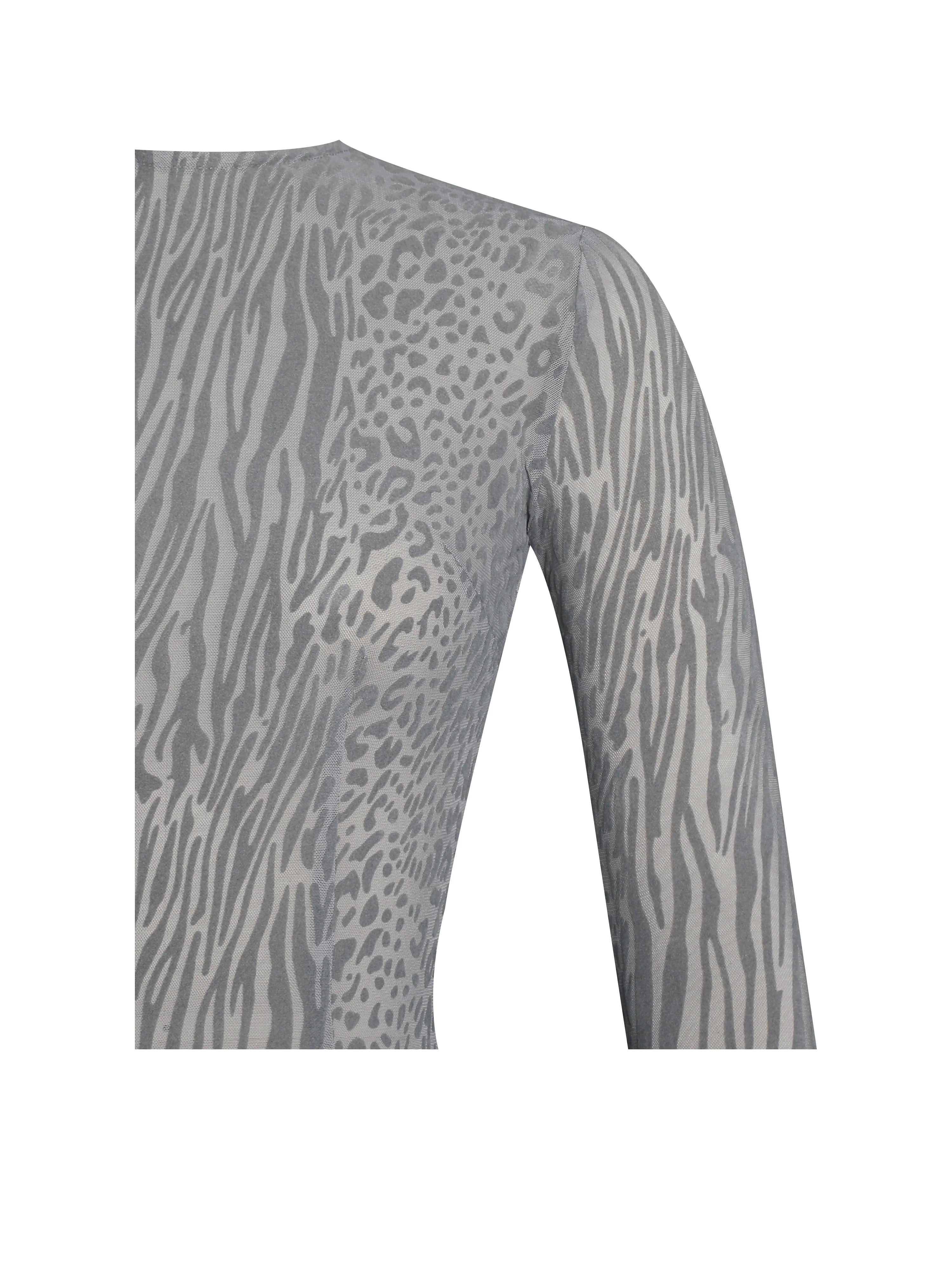 Waylynn Gray Animal Print Burnout Velvet Detail Mesh Backless Maxi Dress