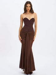 Giovana Espresso Sweetheart Draped Mesh Mermaid Maxi Dress