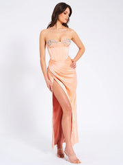 Amelia Blush Satin Corset Slit Gown With Crystal Embellished
