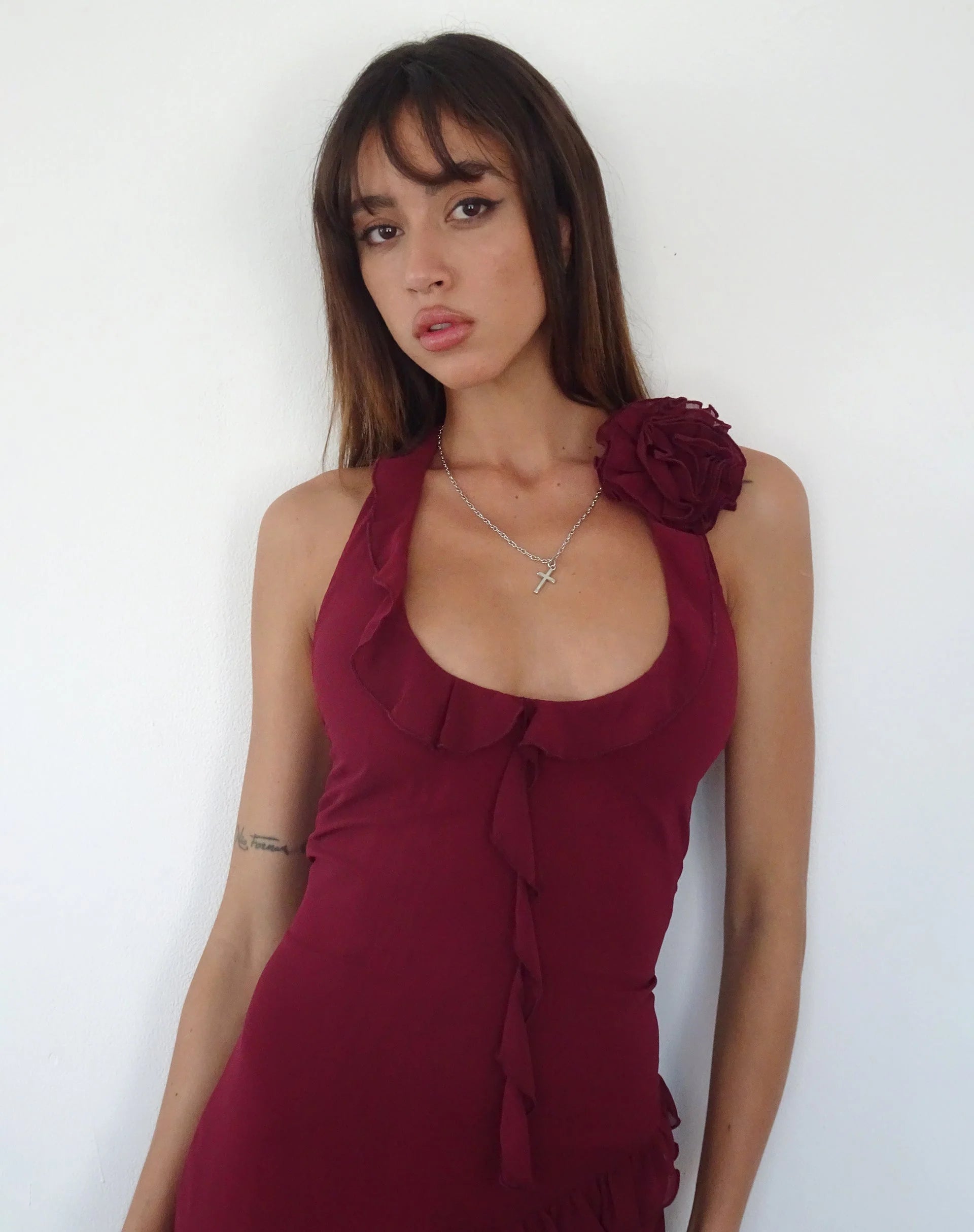 Margaret Ruffle Mini Dress in Plum Chiffon with Rosette