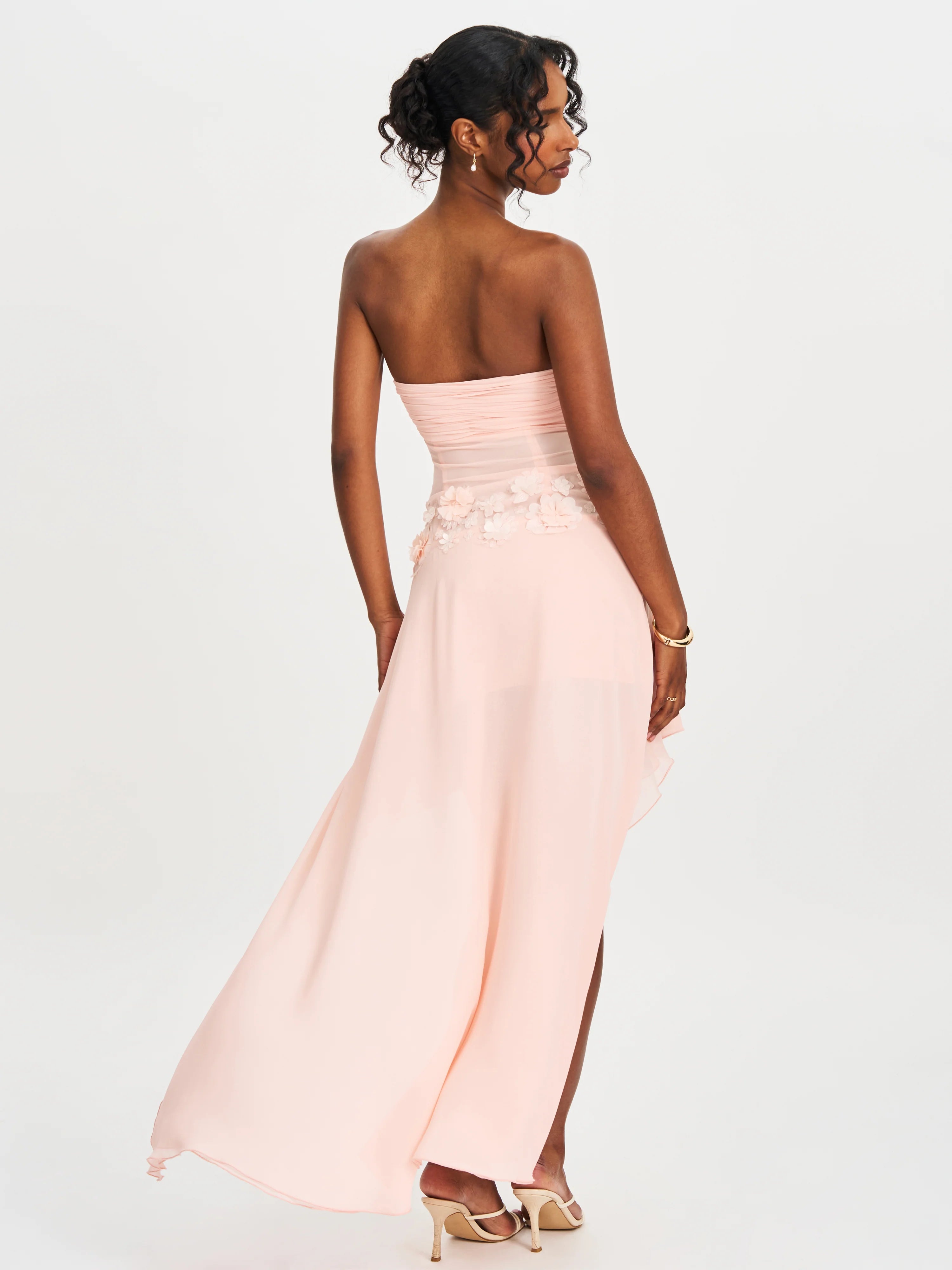 Mae Pink Ruched Breast Appliqué Trim Trailing Dress