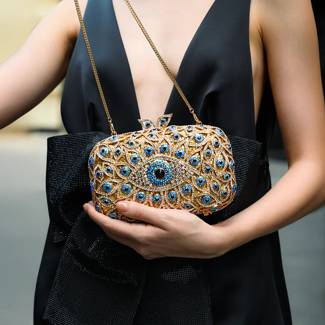 Vioraia Crystal Evil Eye Clutch Bag - Gold