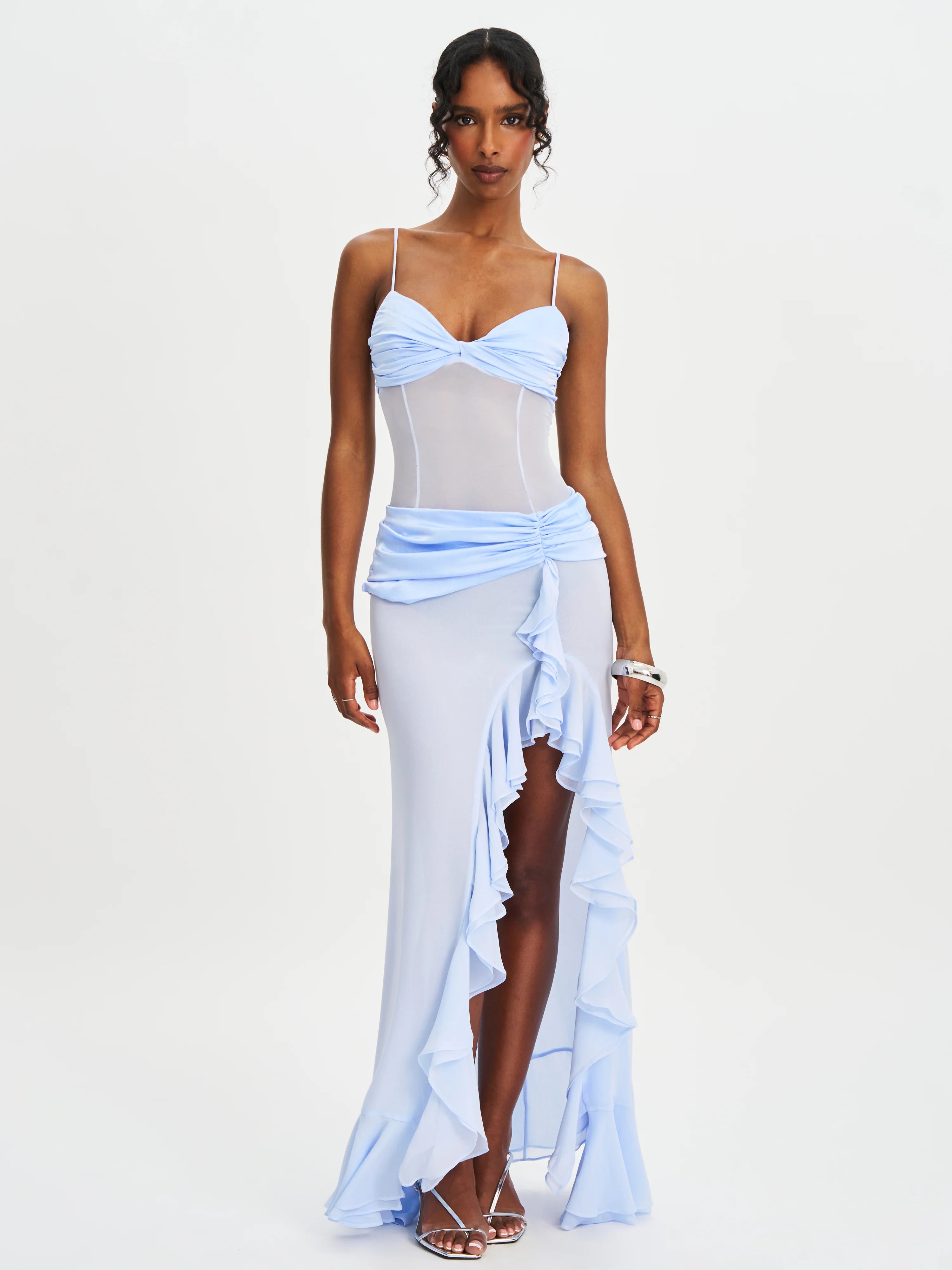 Lacy Blue Ruched Breast High Slit Chiffon Dress