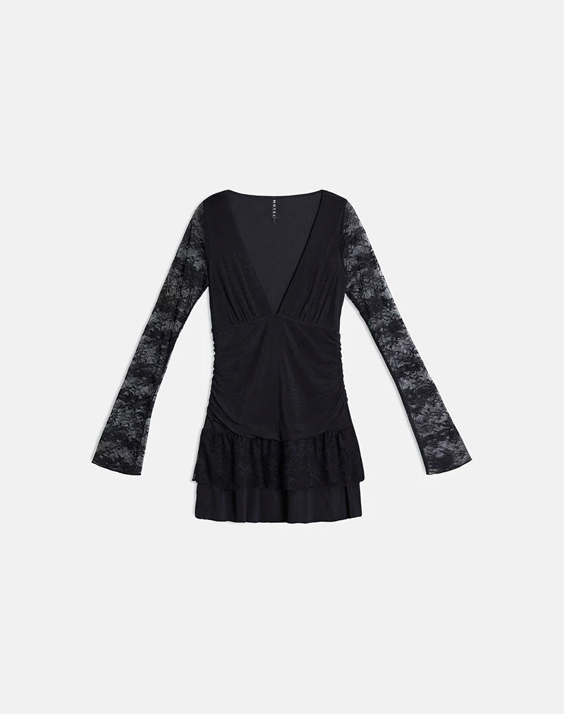 Mishal Long Sleeve Plunge Mini Dress in Lace Black