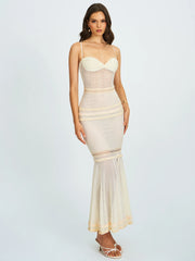 Pallas Beige Lace Trim Crochet Mermaid Maxi Dress