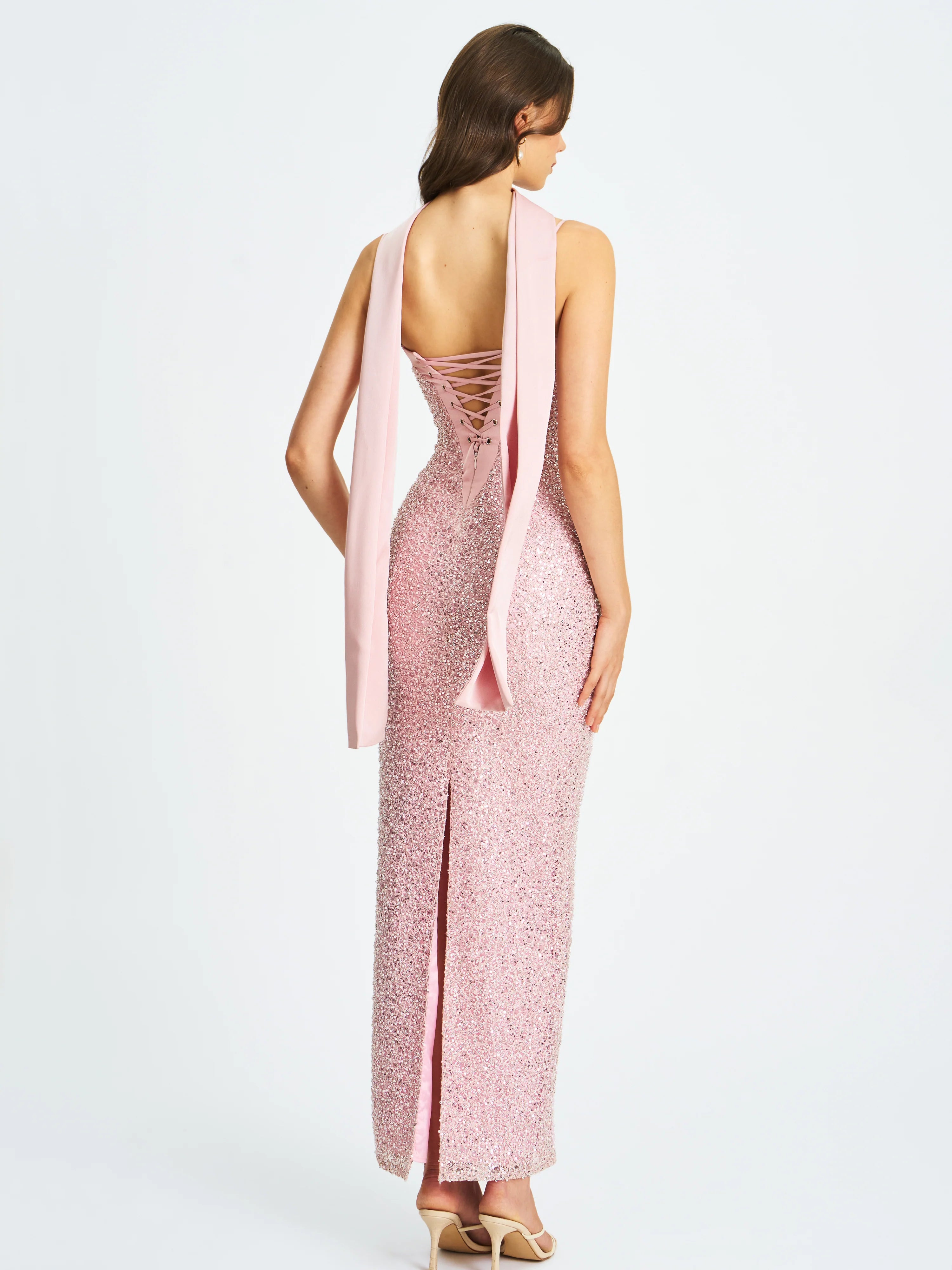 Raizel Pink Beaded Sequin Bodycon Gown with Scarf