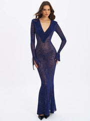 Ilyse Navy V-Neck Plunge Animal Print Mermaid Hem Maxi Dress