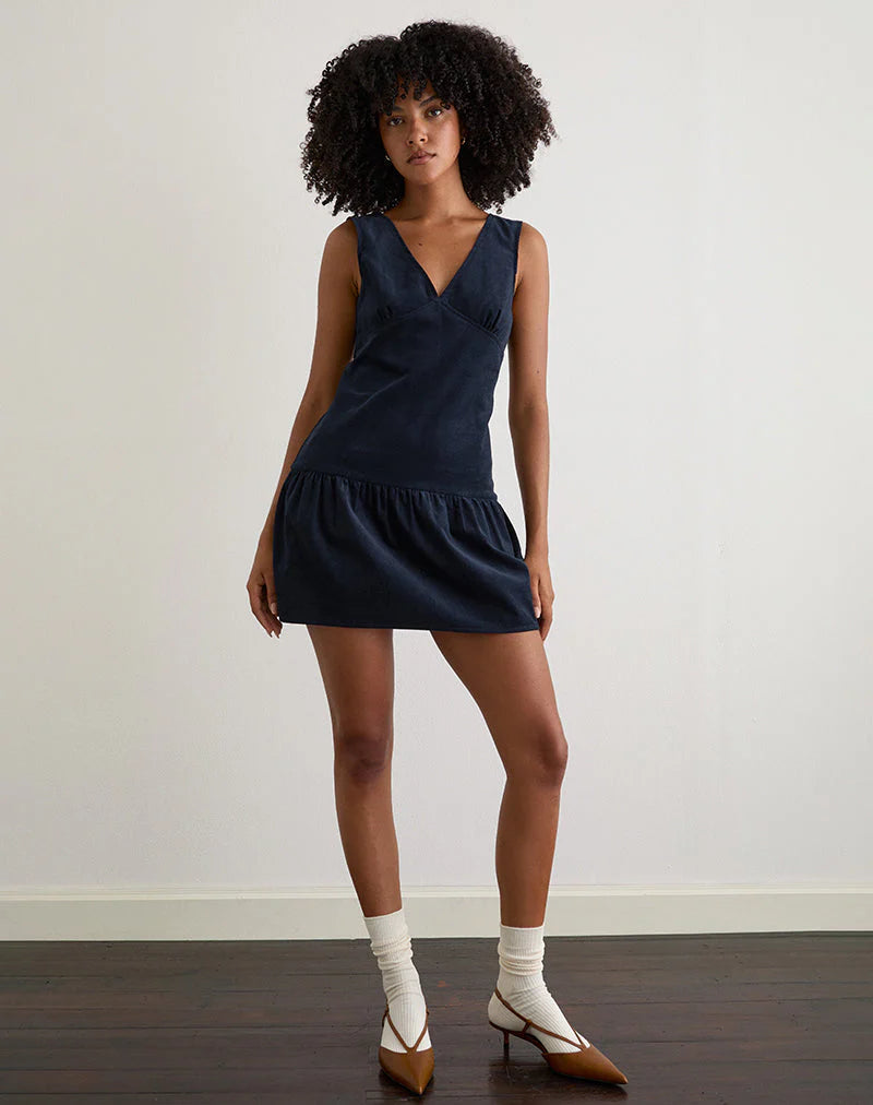 Sarabi Plunge Mini Dress in Cord Navy
