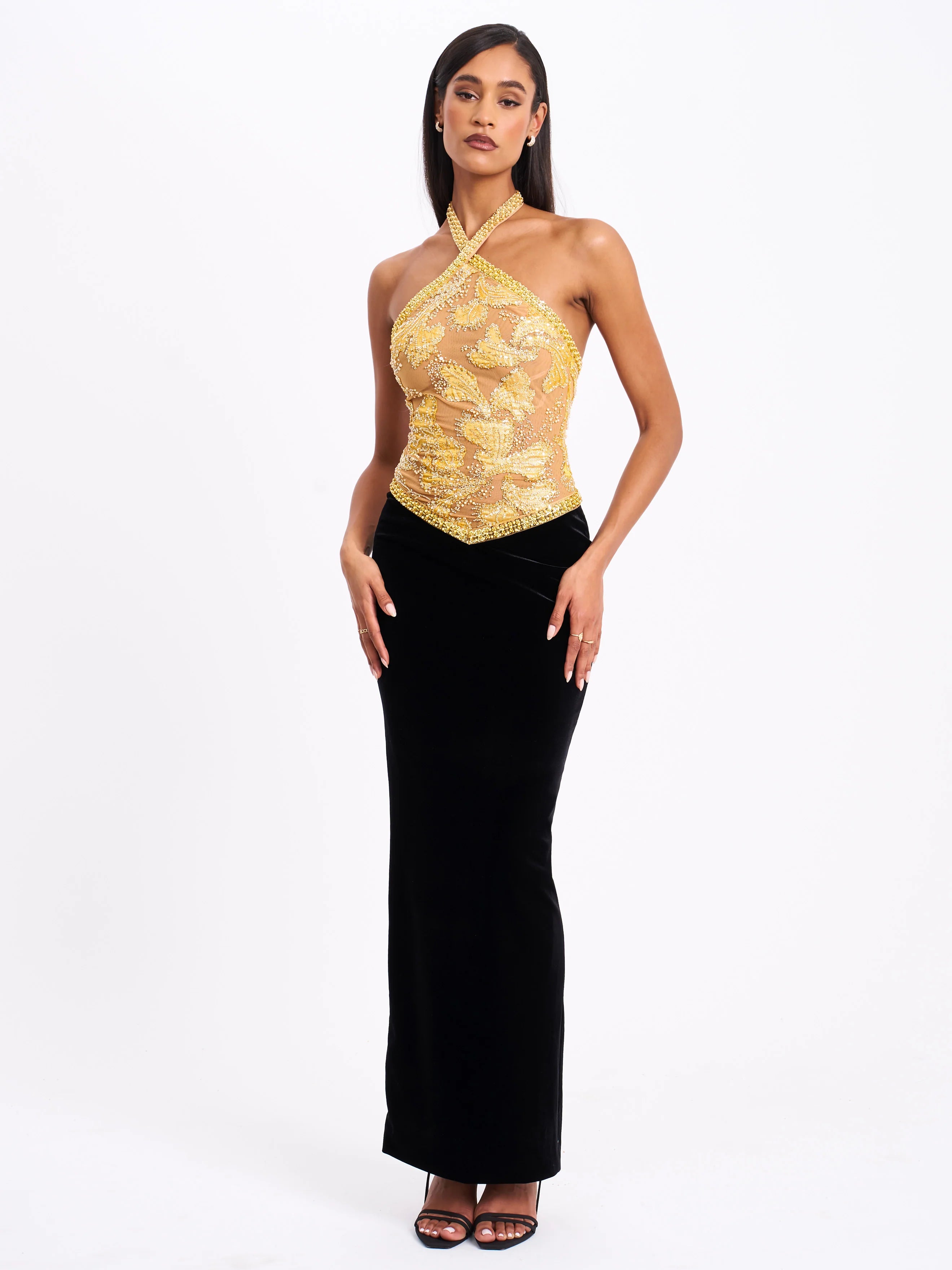 Gazelle Gold Embroidered Vintage Style Maxi Dress