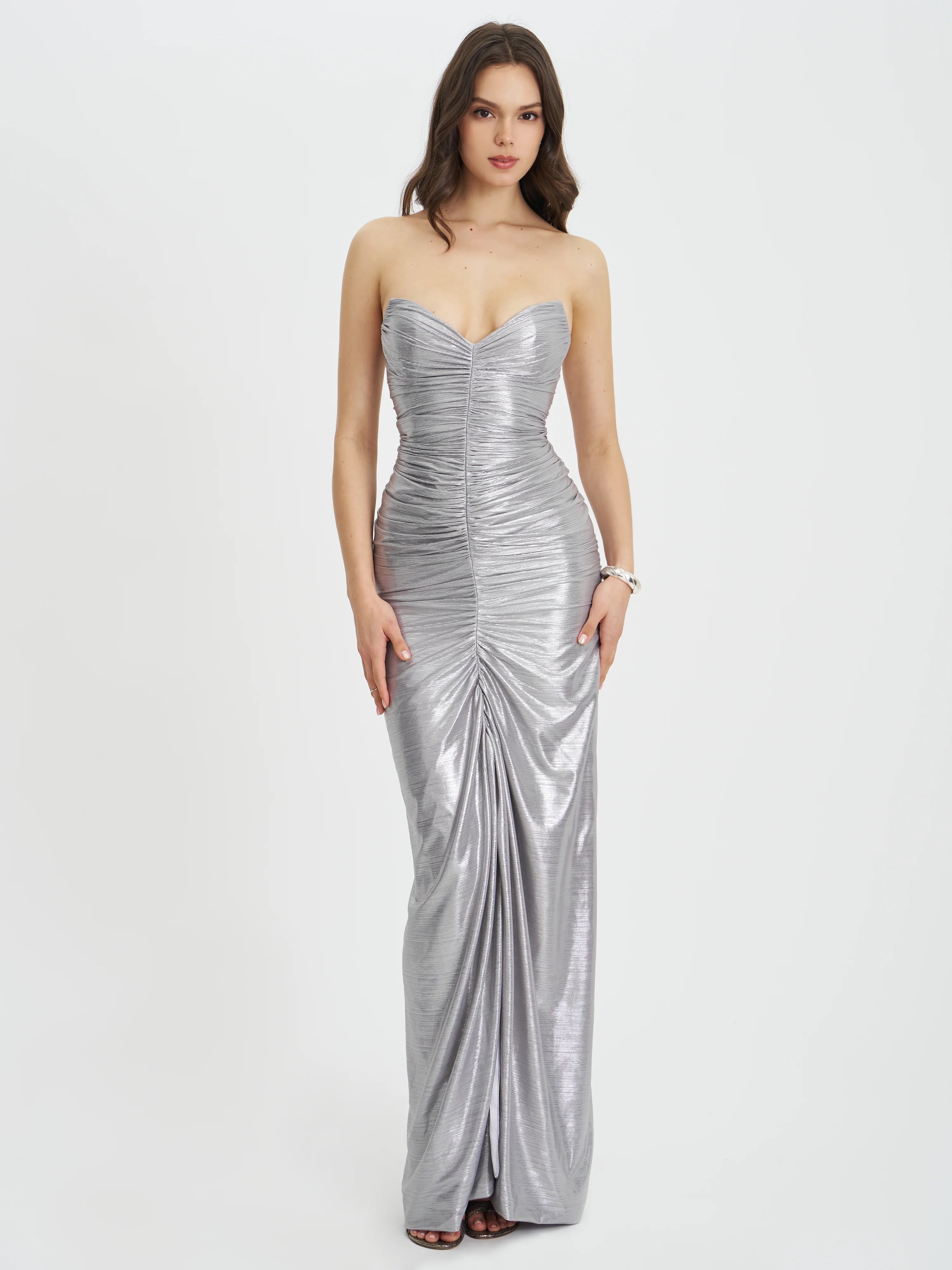 Sable Ruched Silver Glitter Mermaid Gown