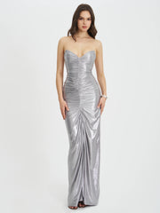 Sable Ruched Silver Glitter Mermaid Gown