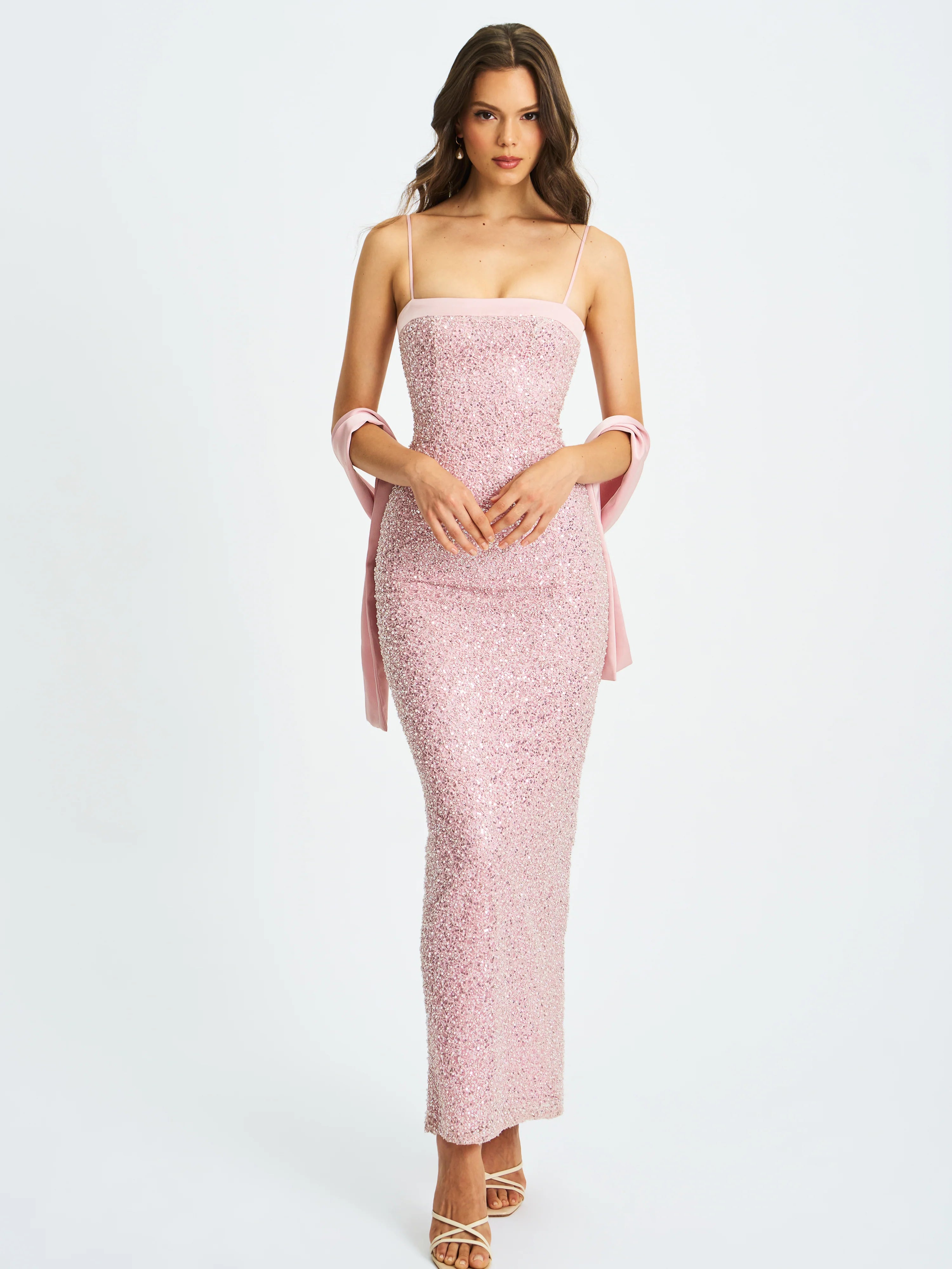 Raizel Pink Beaded Sequin Bodycon Gown with Scarf