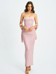 Raizel Pink Beaded Sequin Bodycon Gown with Scarf