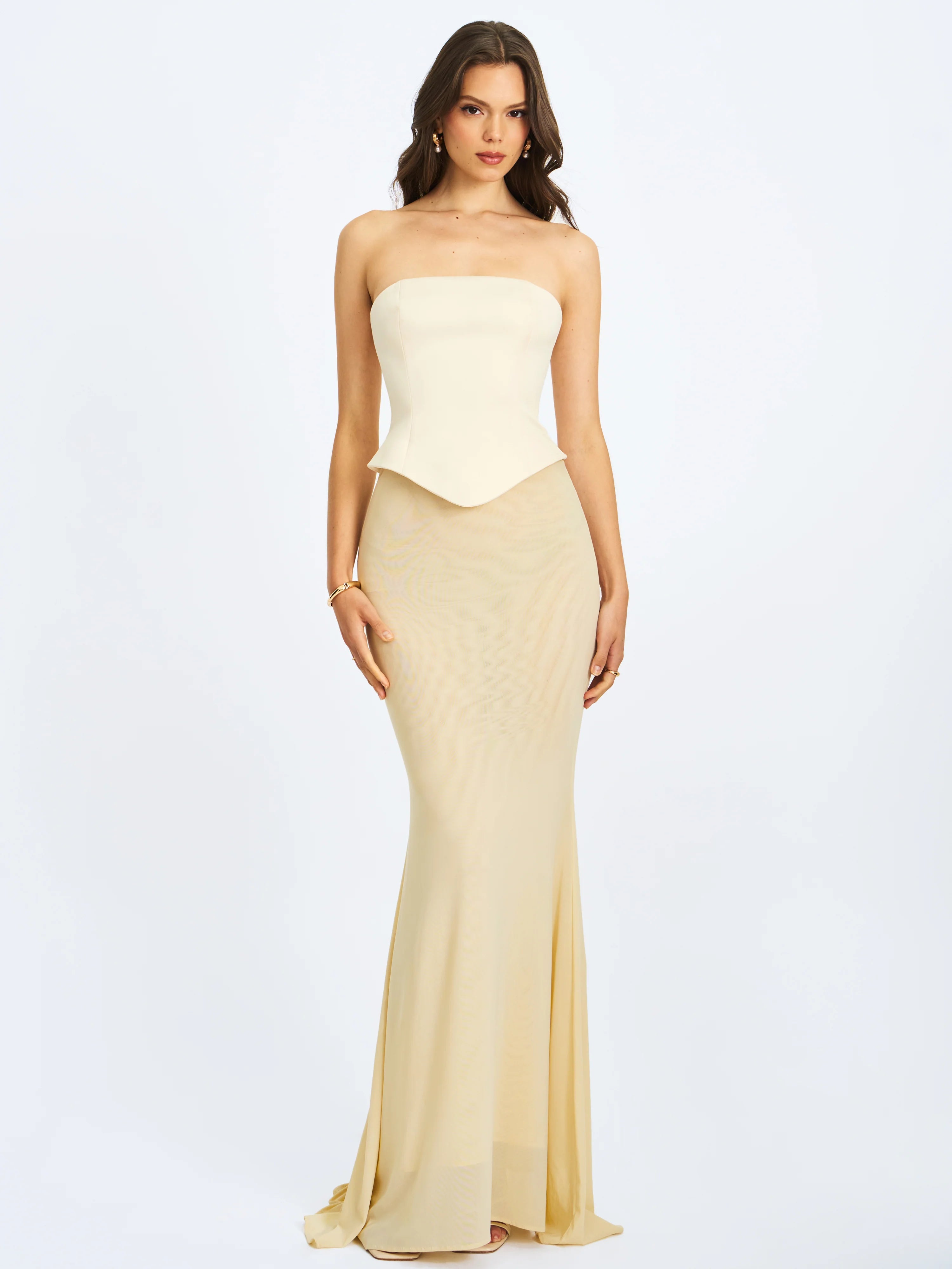 Adelina Butter Yellow Peplum Mermaid Gown with Lace-up Back