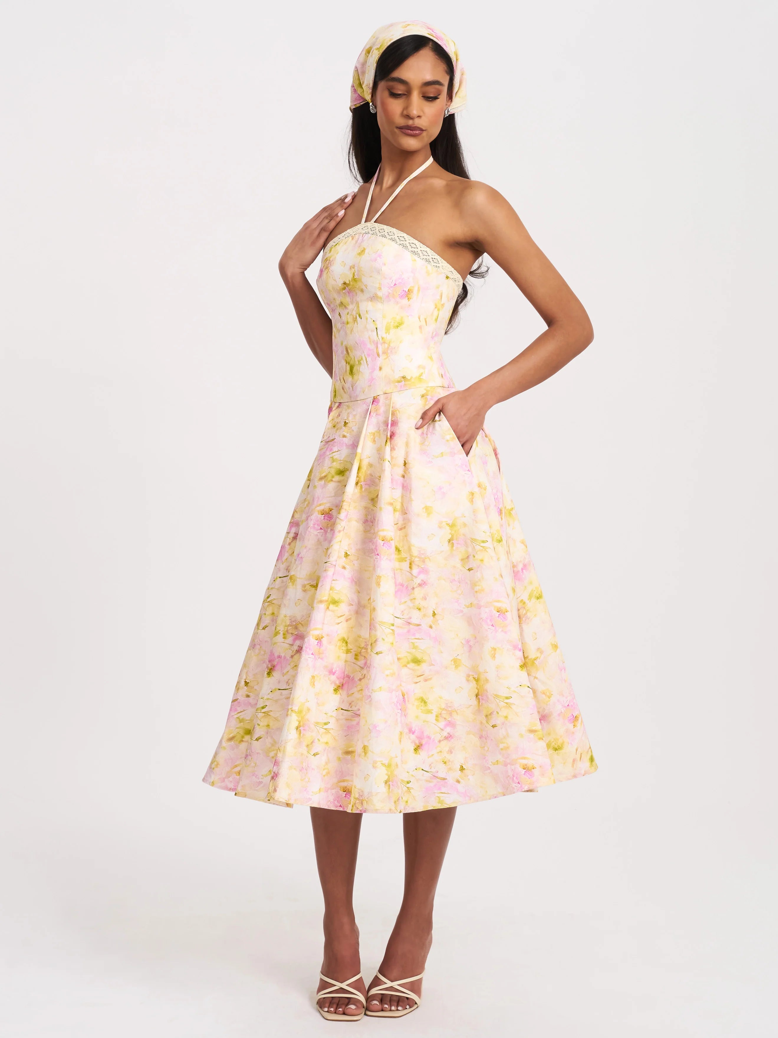 Zaina Yellow Pink Floral Print Lace Trim Linen Midi Dress