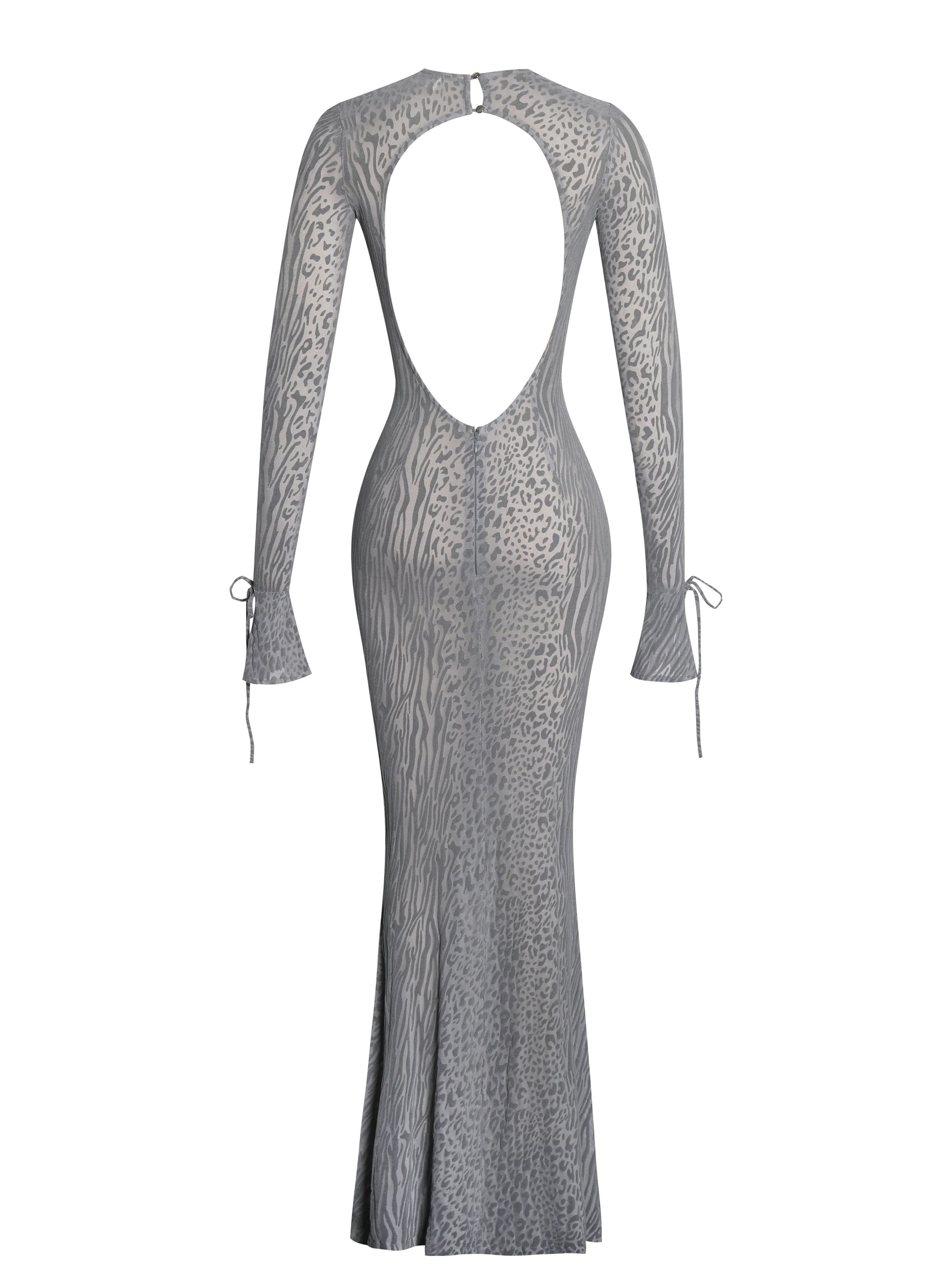 Waylynn Gray Animal Print Burnout Velvet Detail Mesh Backless Maxi Dress